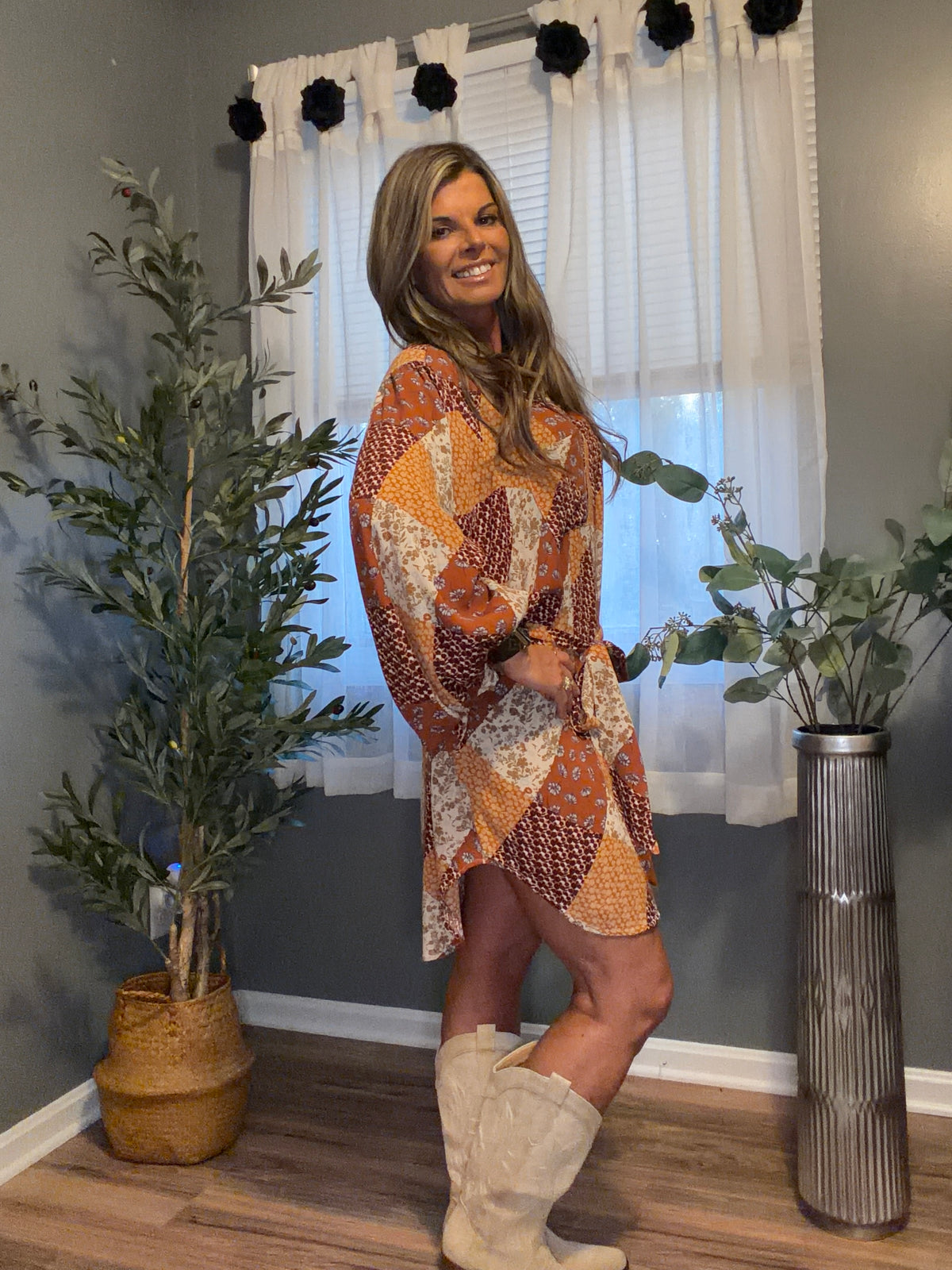 Autumn Patchwork Tie-Waist Shirt Dress