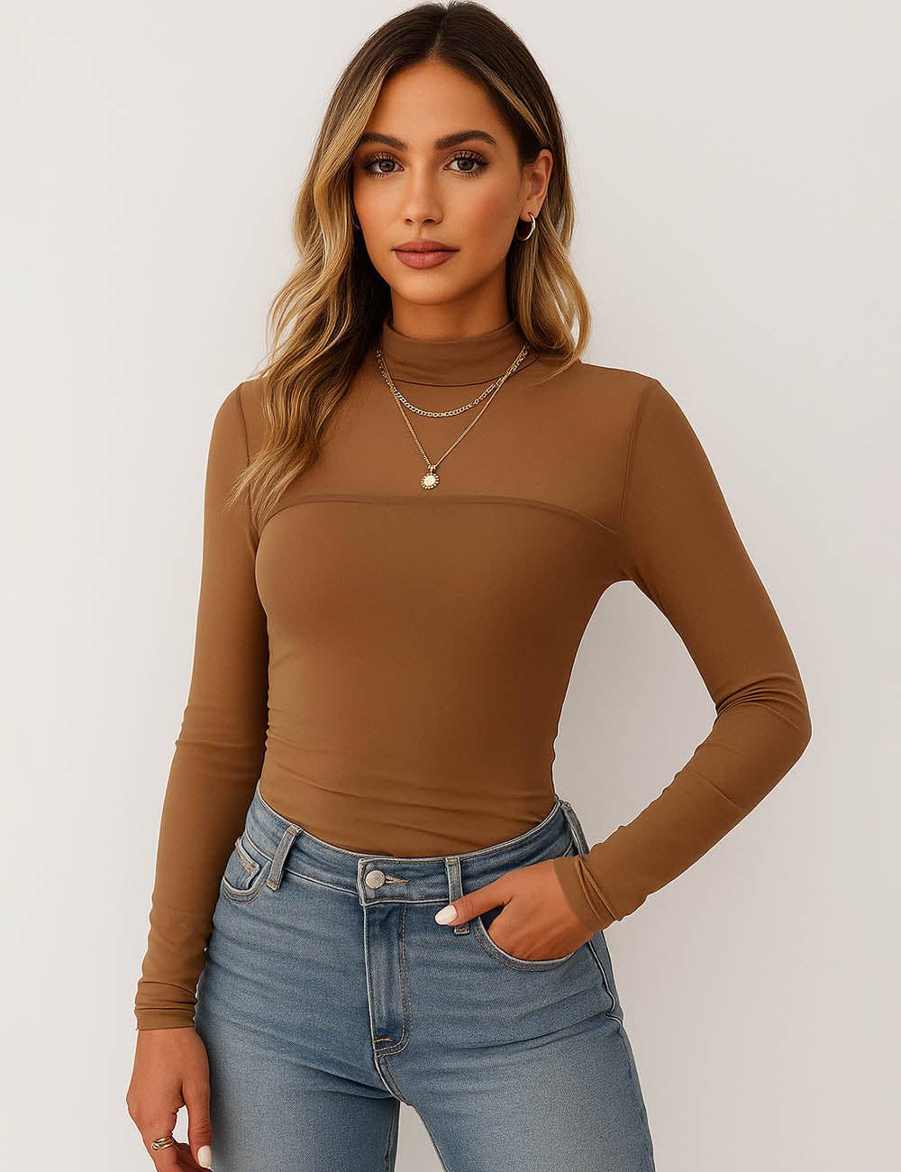 Sheer Mock Neck Mesh Long Sleeve Top