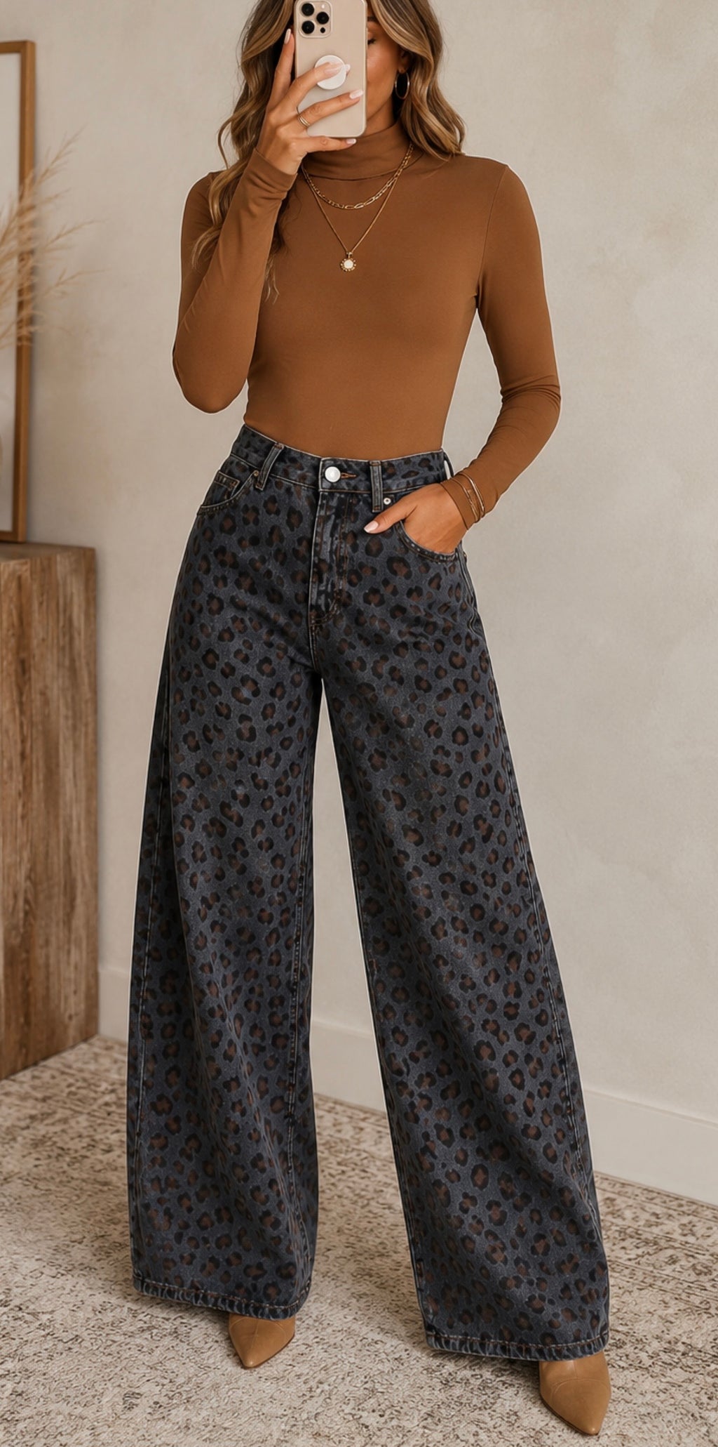 Leopard Jacquard Barrel Leg Jeans