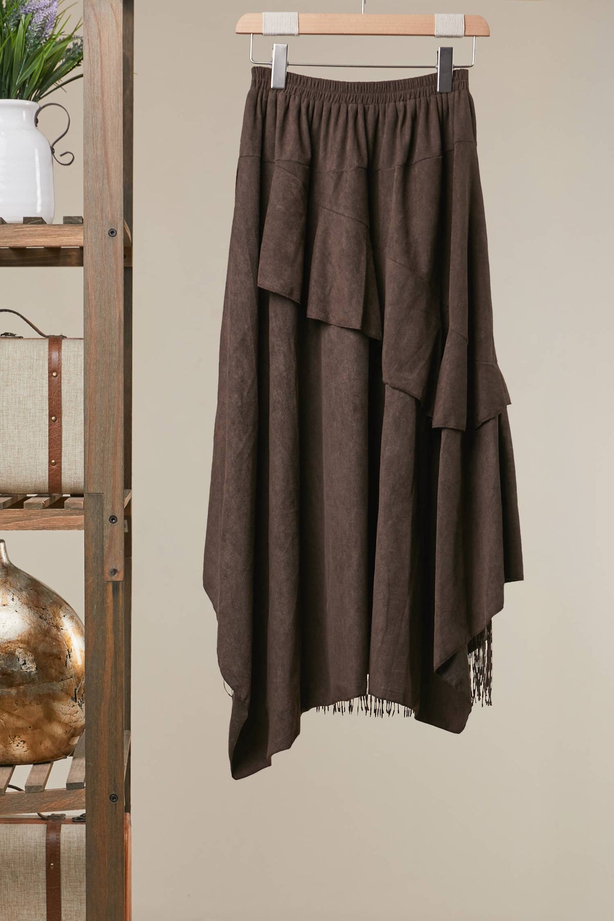 Boho Suede-Feel Layered Lace Midi Skirt