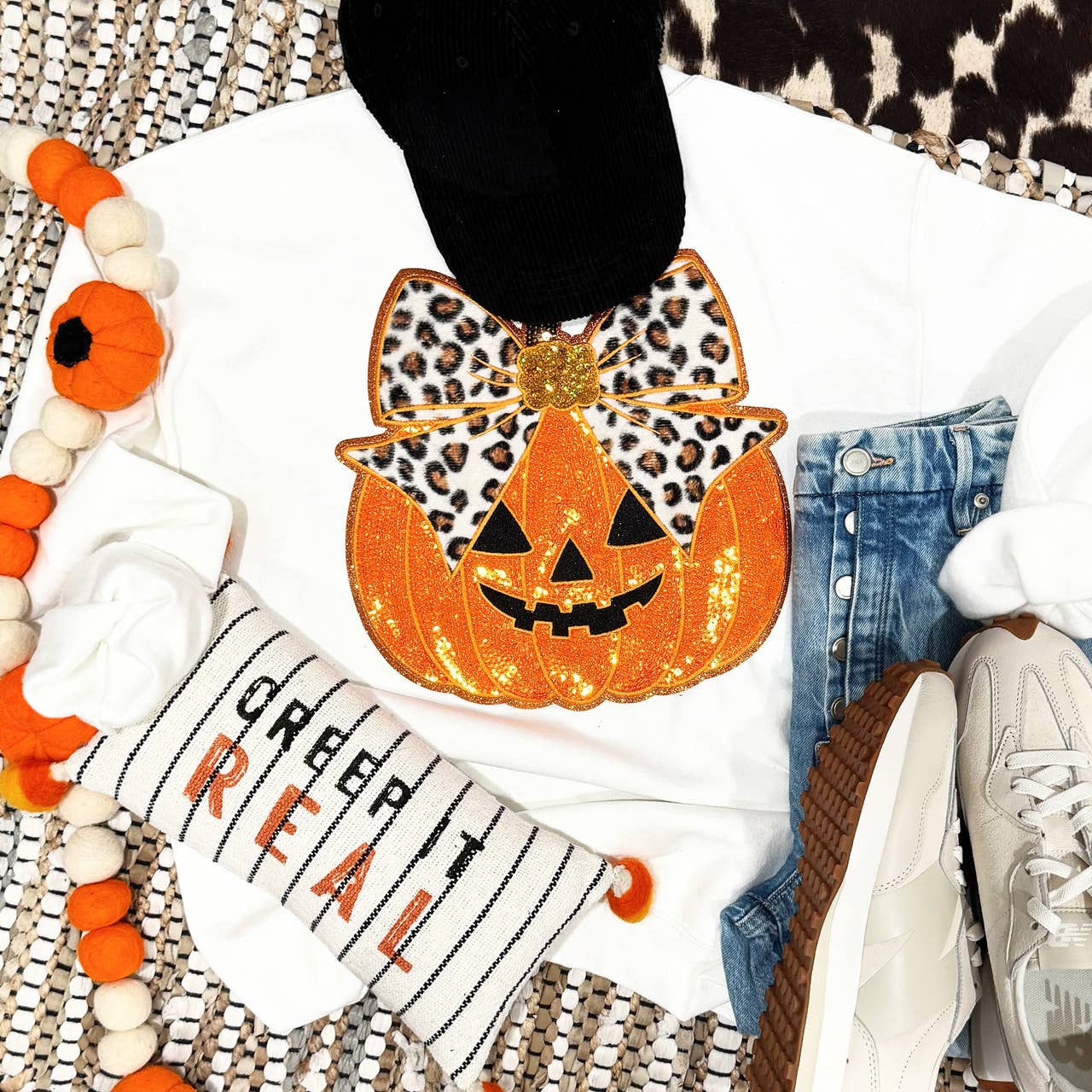 Sequin Pumpkin with Leopard Bow Sweatshirt