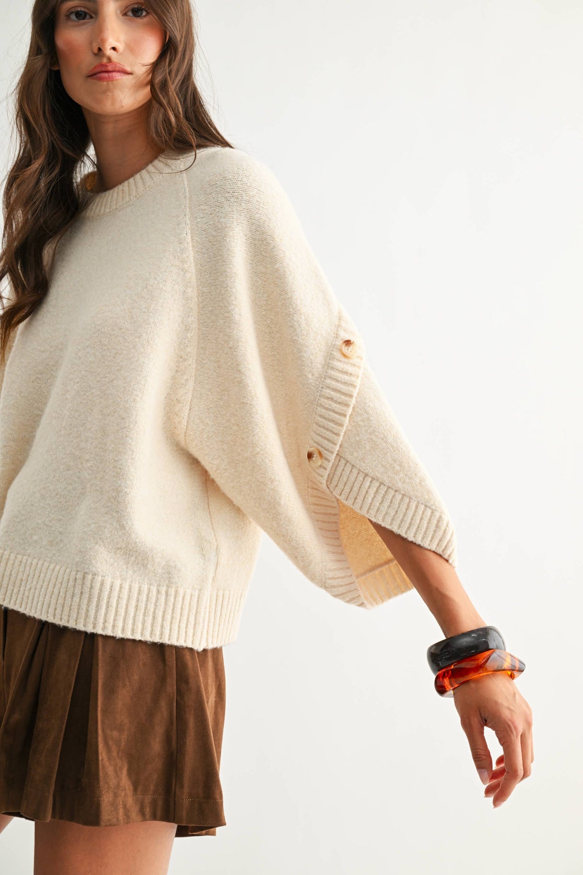 Button-Sleeve Knit Sweater