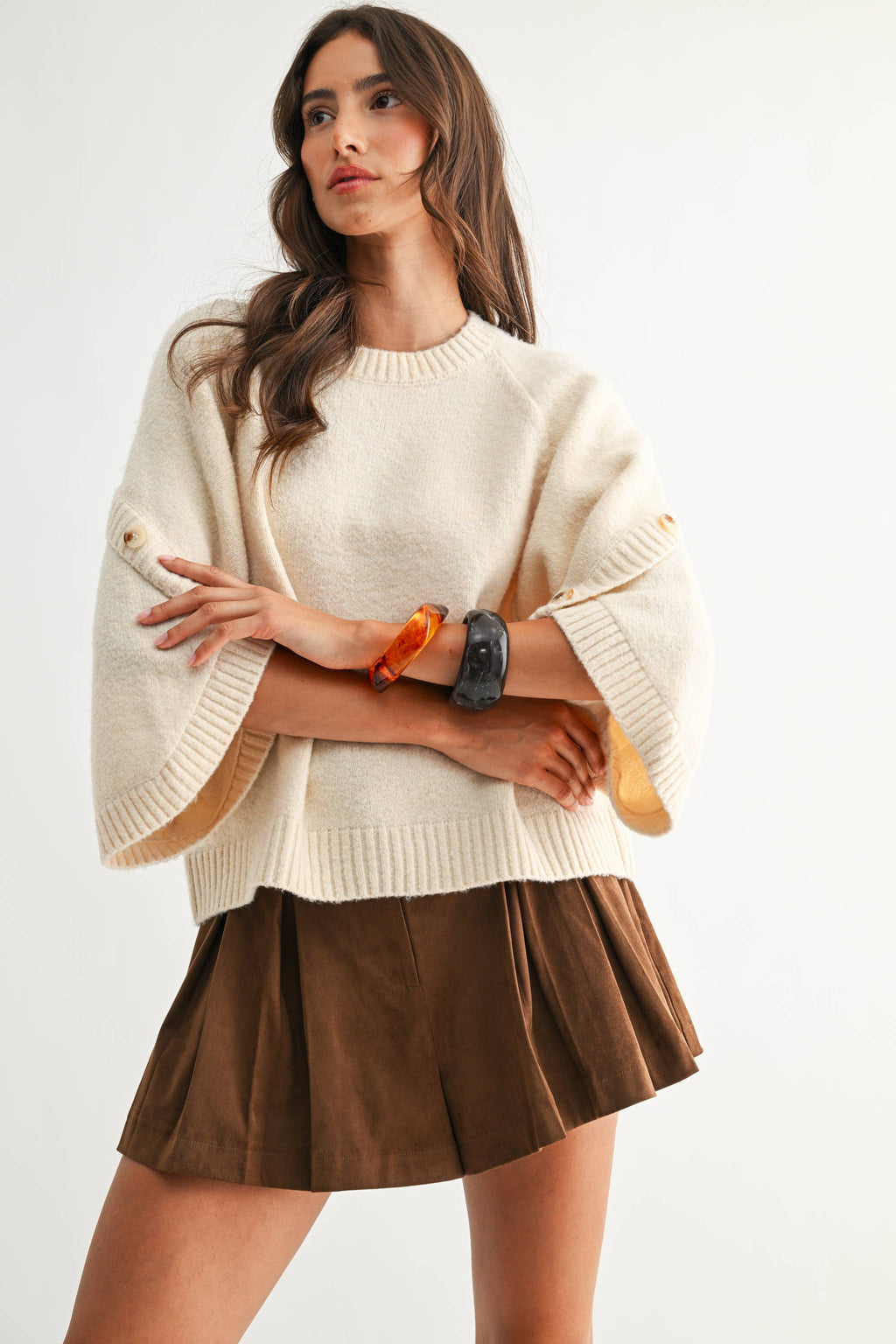 Button-Sleeve Knit Sweater