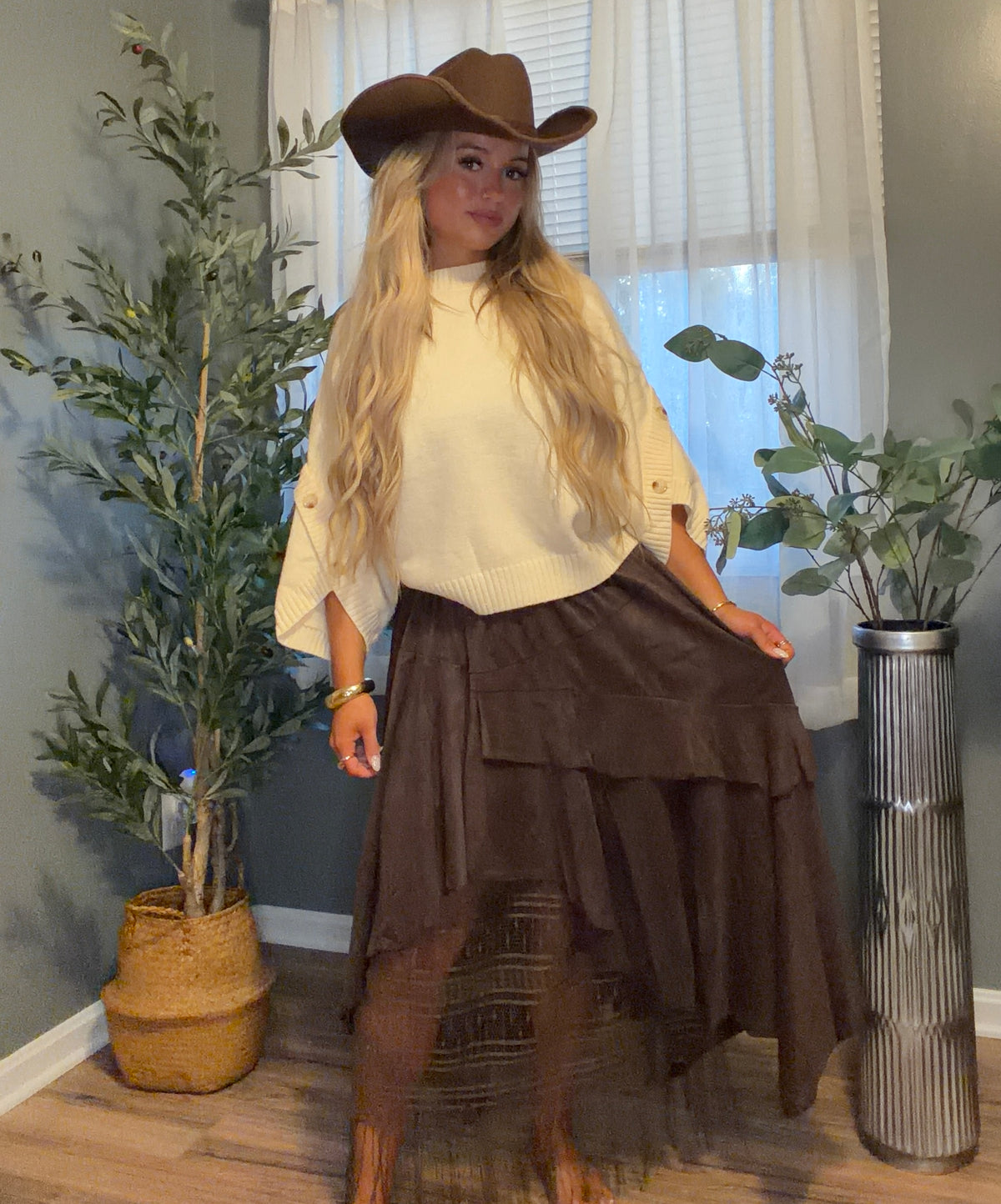Boho Suede-Feel Layered Lace Midi Skirt
