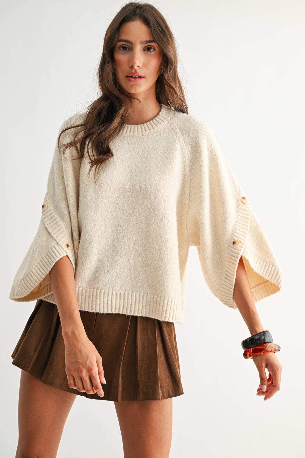 Button-Sleeve Knit Sweater