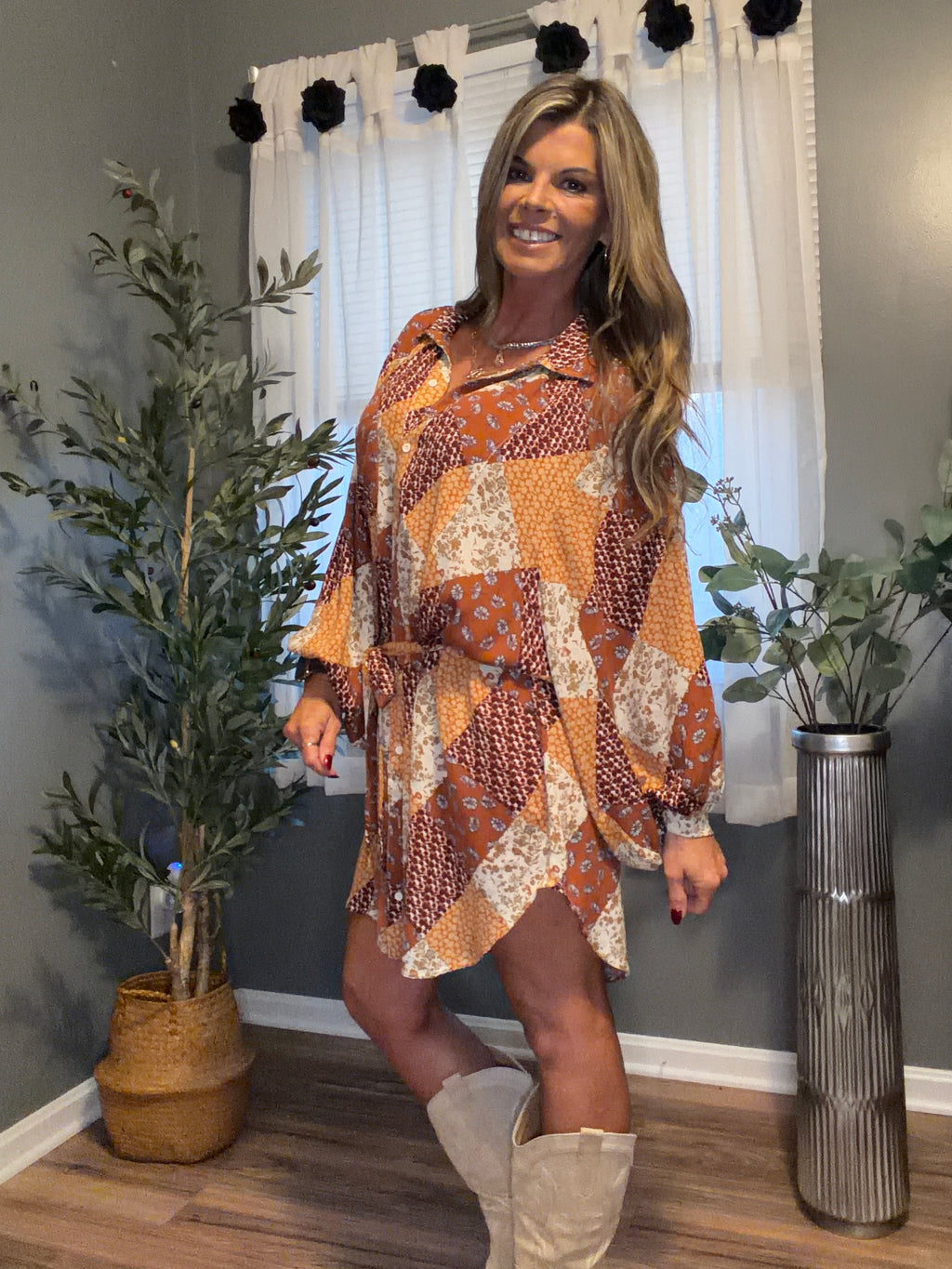 Autumn Patchwork Tie-Waist Shirt Dress