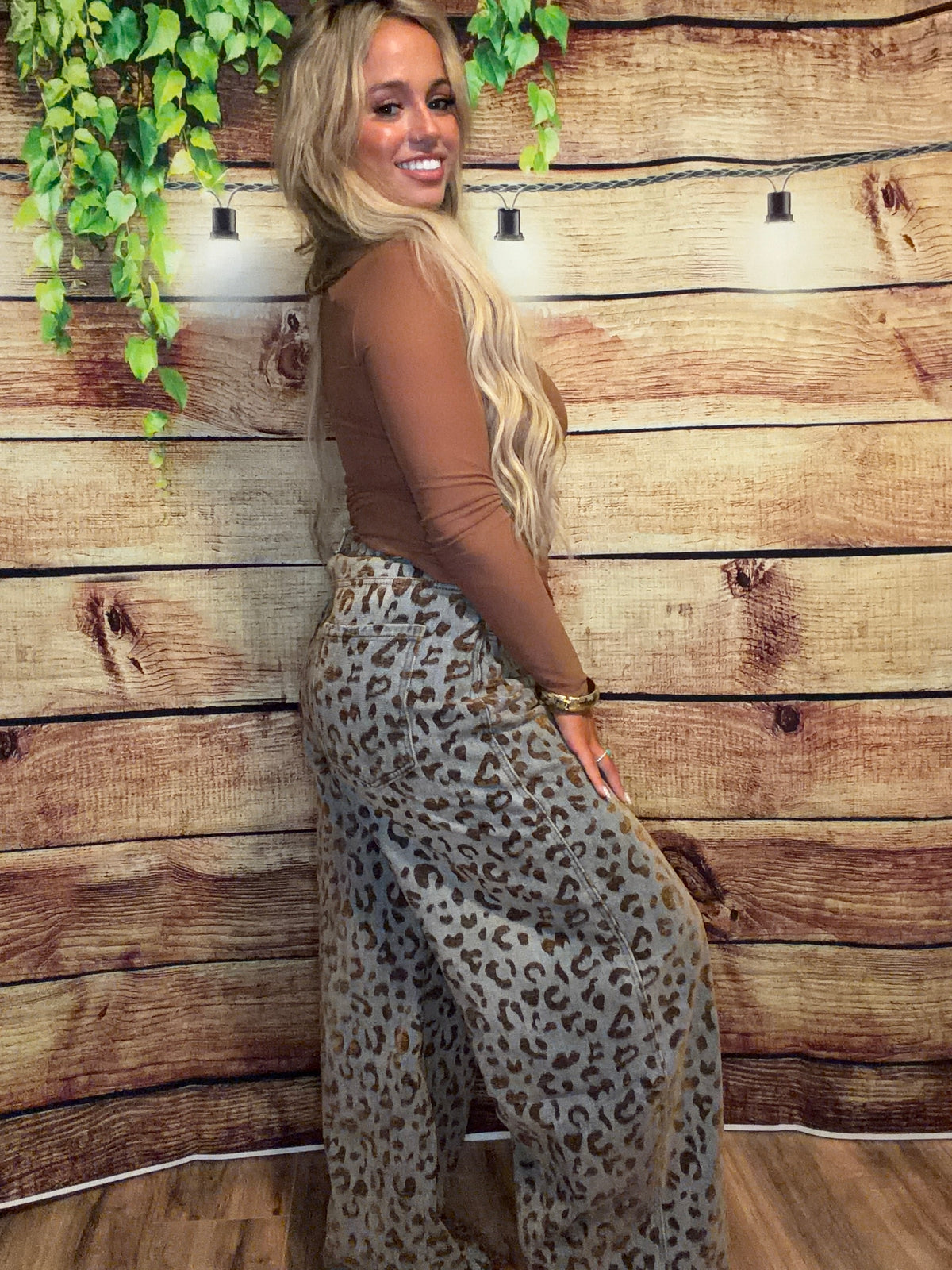 Leopard Jacquard Barrel Leg Jeans