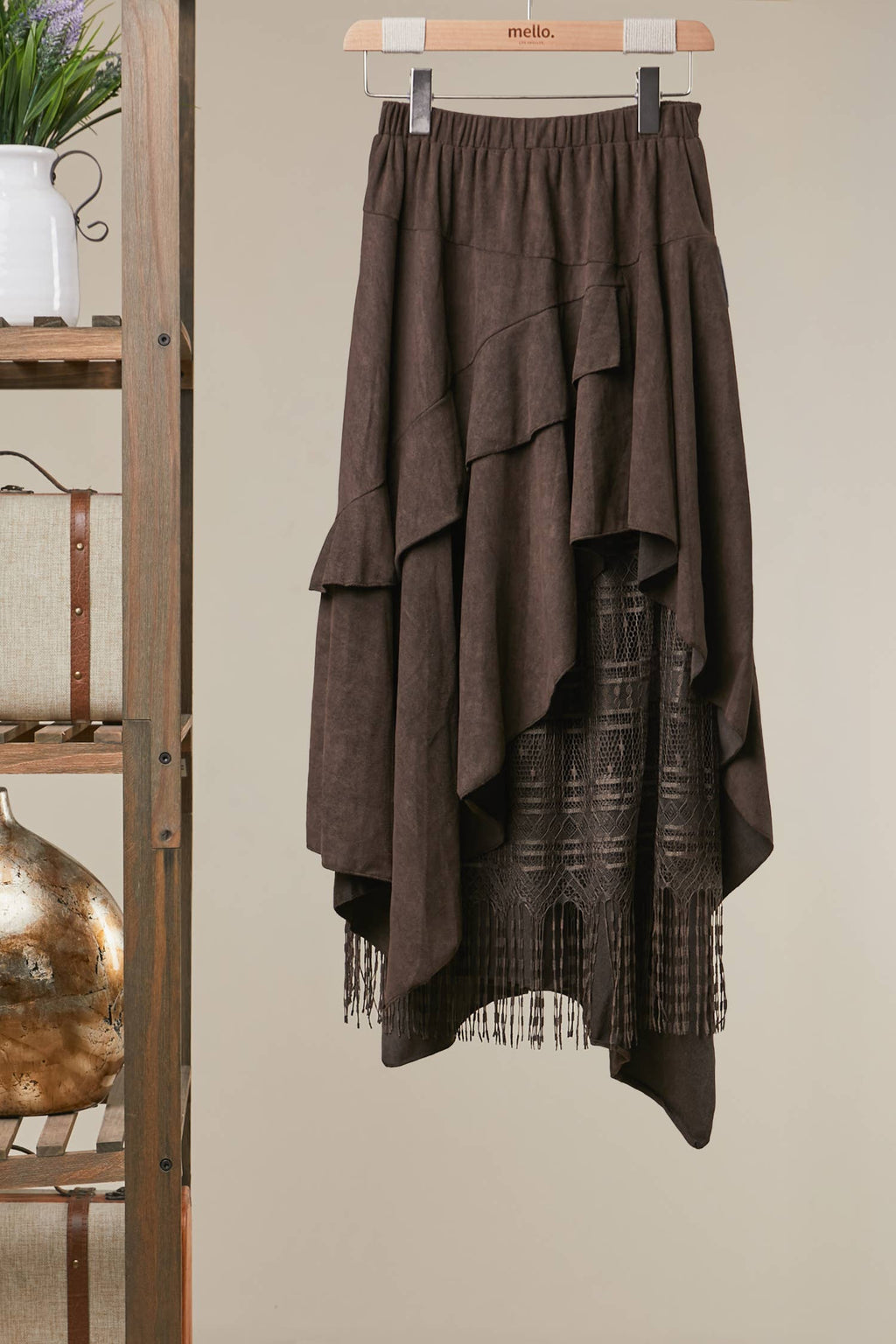 Boho Suede-Feel Layered Lace Midi Skirt