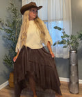 Boho Suede-Feel Layered Lace Midi Skirt