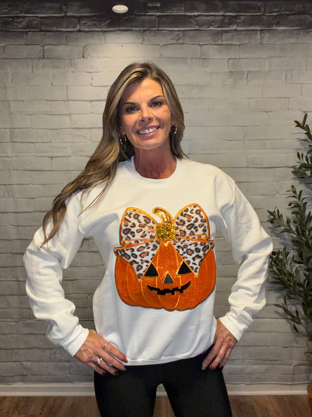 Sequin Pumpkin with Leopard Bow Sweatshirt