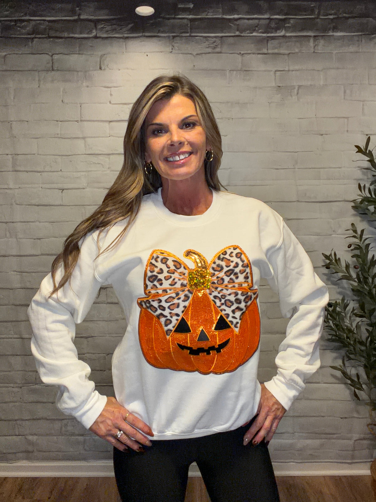 Sequin Pumpkin with Leopard Bow Sweatshirt