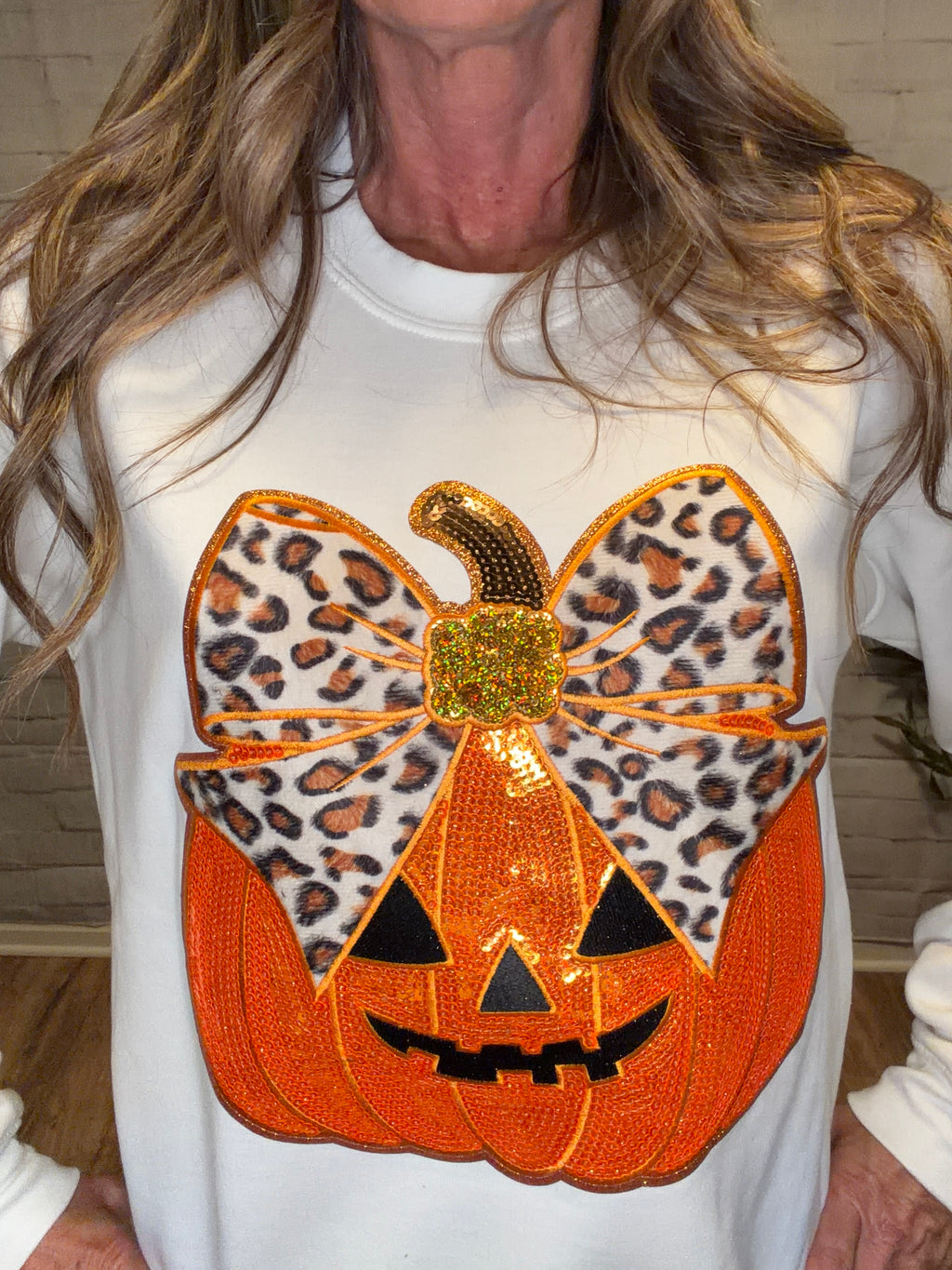 Sequin Pumpkin with Leopard Bow Sweatshirt