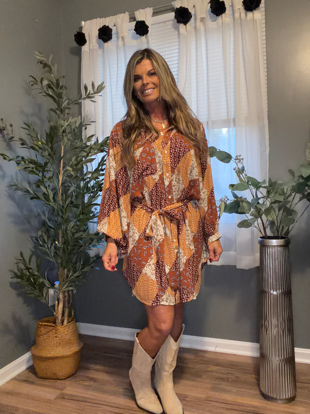 Autumn Patchwork Tie-Waist Shirt Dress