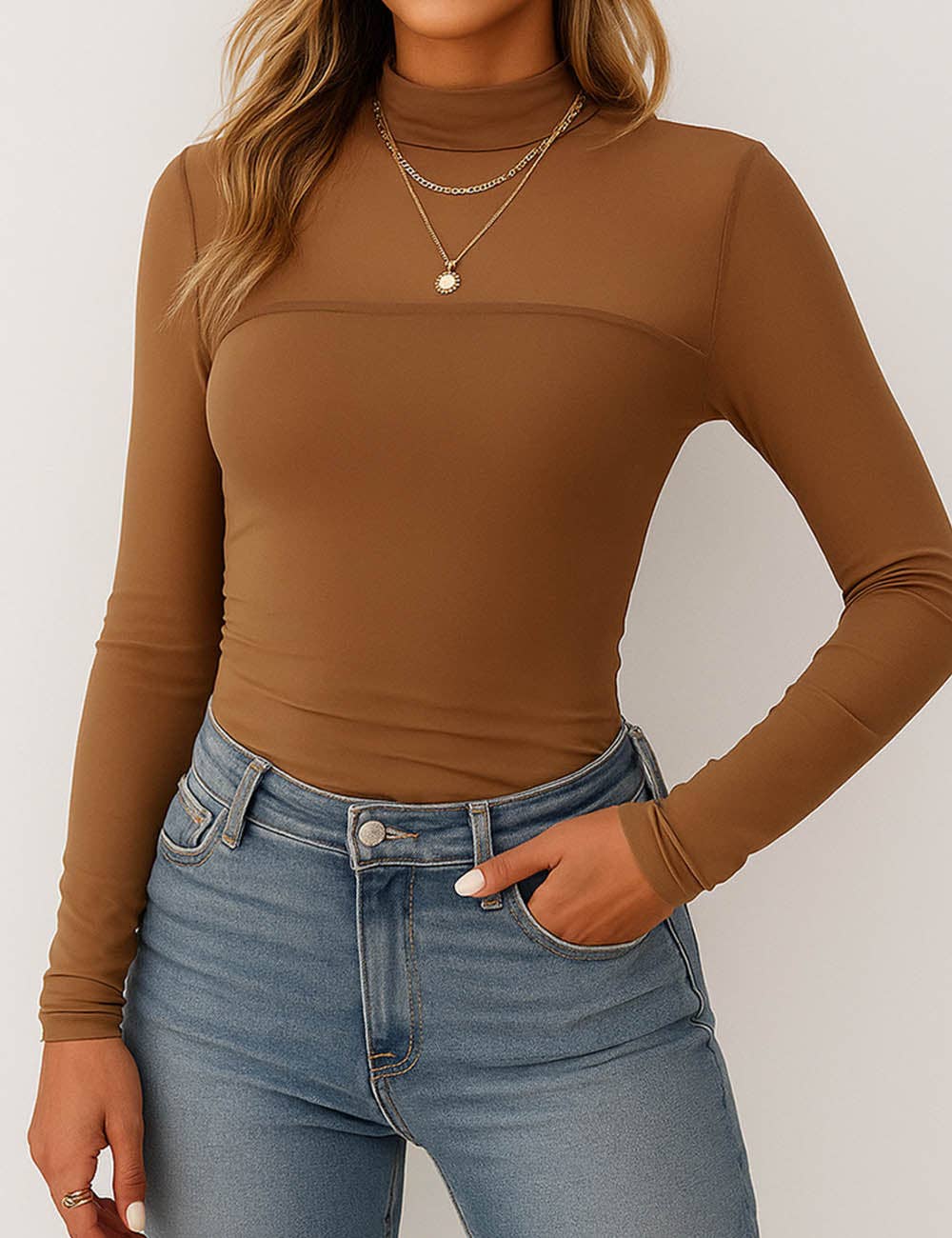 Sheer Mock Neck Mesh Long Sleeve Top