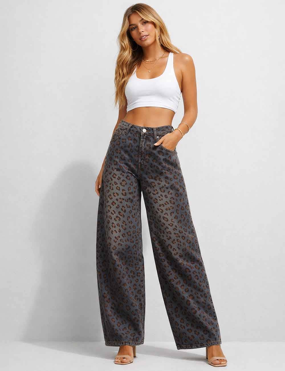 Leopard Jacquard Barrel Leg Jeans
