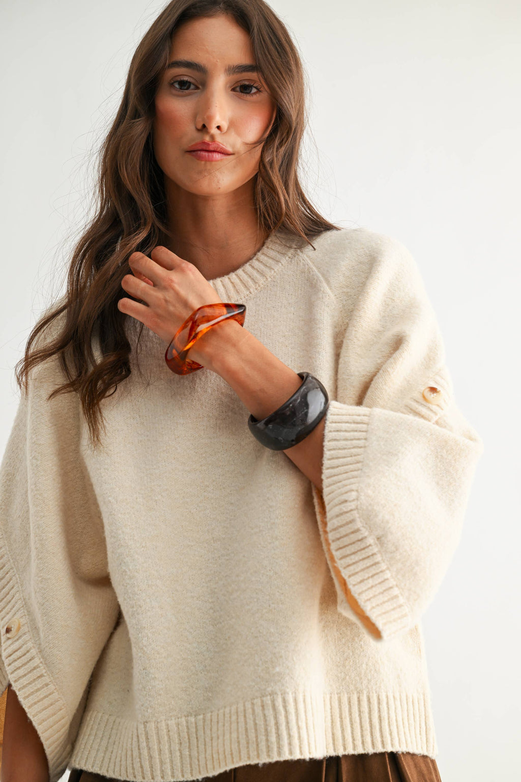 Button-Sleeve Knit Sweater