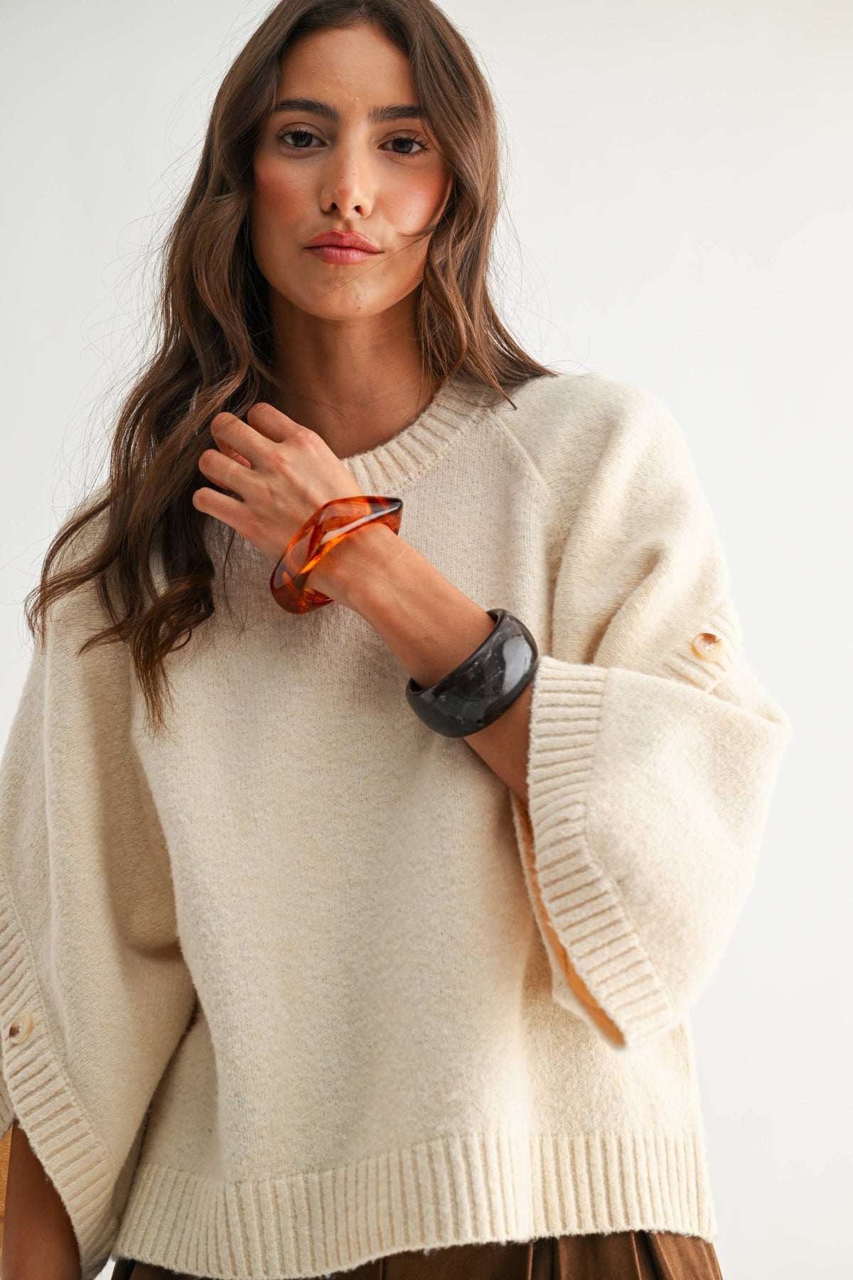 Button-Sleeve Knit Sweater